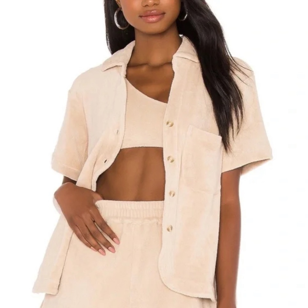 Frankie’s Bikinis Terry Cloth Button Down Shirt in Nude
